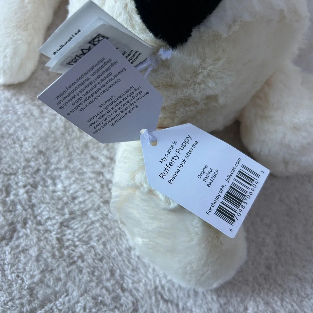 Jellycat Bashful Rufferty Puppy Medium Cream Black Spotted Dog Plush BAS3BCP NWT